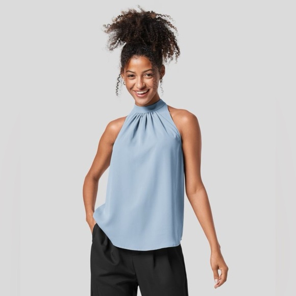 Halara Keyhole Back Halter Plicated Sleeveless Curved Hem Work Blouse/Shirt| NEW - Picture 1 of 12